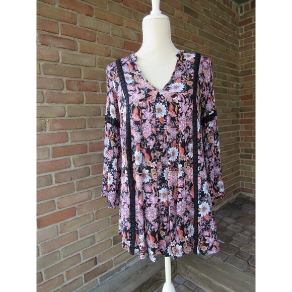 Altar'd State Floral Black Pink Babydoll Boho Mini Dress Bell Sleeve Size XS - Picture 3 of 15